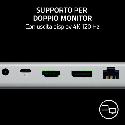 Razer USB 4 Dock - USB High-Speed-Dock - Supporto doppio display, ricarica dispositivi (3x USB-C, 5x USB-A, HDMI, DisplayPort, Gigabit Ethernet) Bianco
