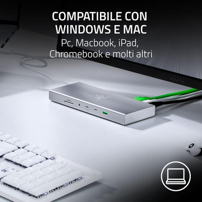 Razer USB 4 Dock - USB High-Speed-Dock - Supporto doppio display, ricarica dispositivi (3x USB-C, 5x USB-A, HDMI, DisplayPort, Gigabit Ethernet) Bianco