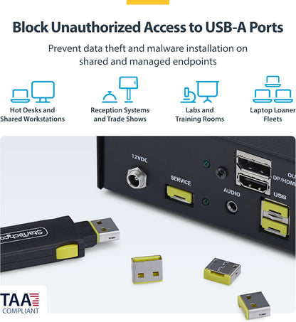 StarTech Blocco Porta USB-A con Chiave, 4 Inserti USB-A di Ricambio, Tappi Antipolvere Riutilizzabili con Chiusura a Scatto per PC e Notebook