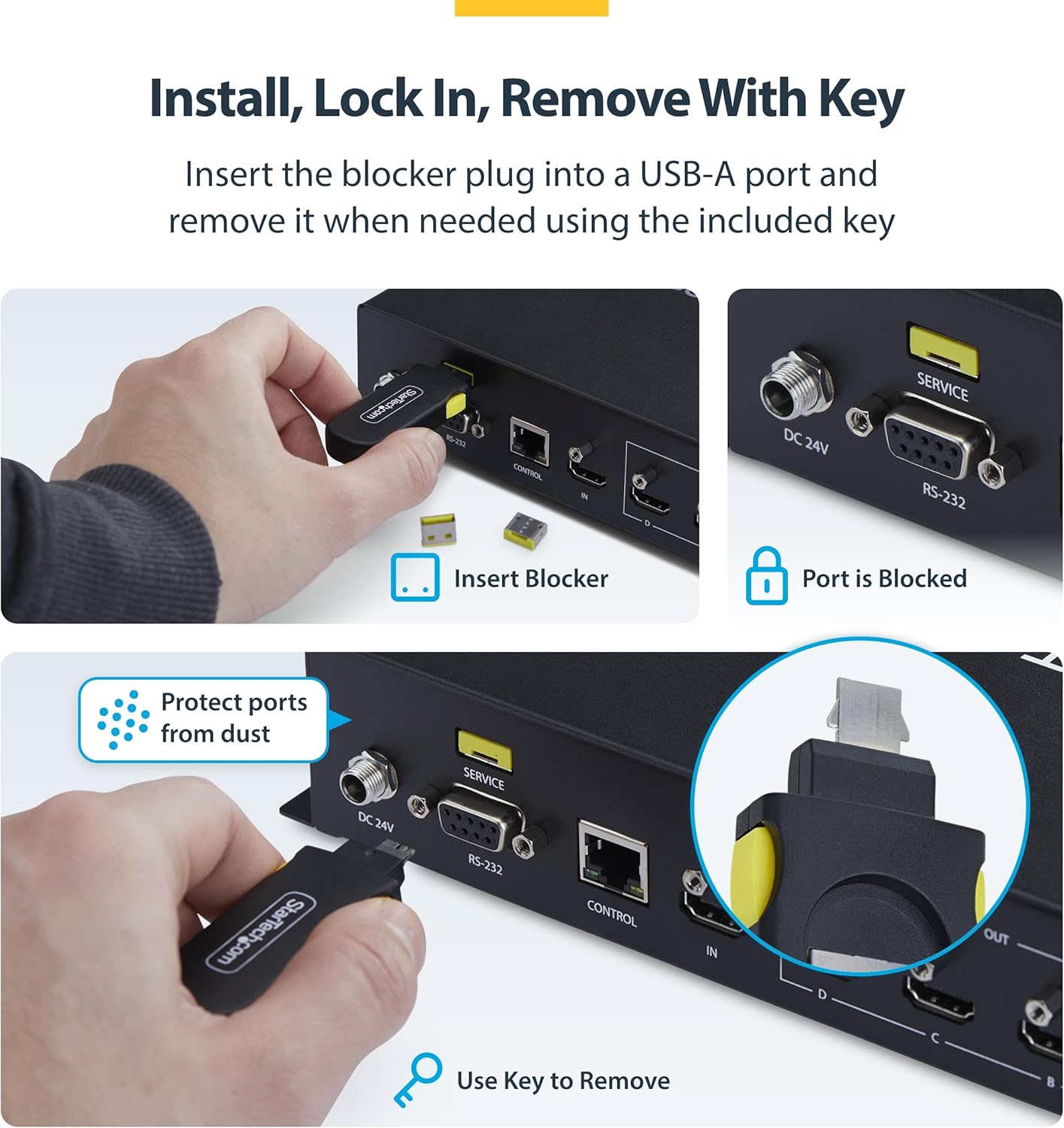 StarTech Blocco Porta USB-A con Chiave, 4 Inserti USB-A di Ricambio, Tappi Antipolvere Riutilizzabili con Chiusura a Scatto per PC e Notebook