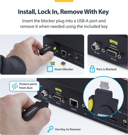 StarTech Blocco Porta USB-A con Chiave, 4 Inserti USB-A di Ricambio, Tappi Antipolvere Riutilizzabili con Chiusura a Scatto per PC e Notebook