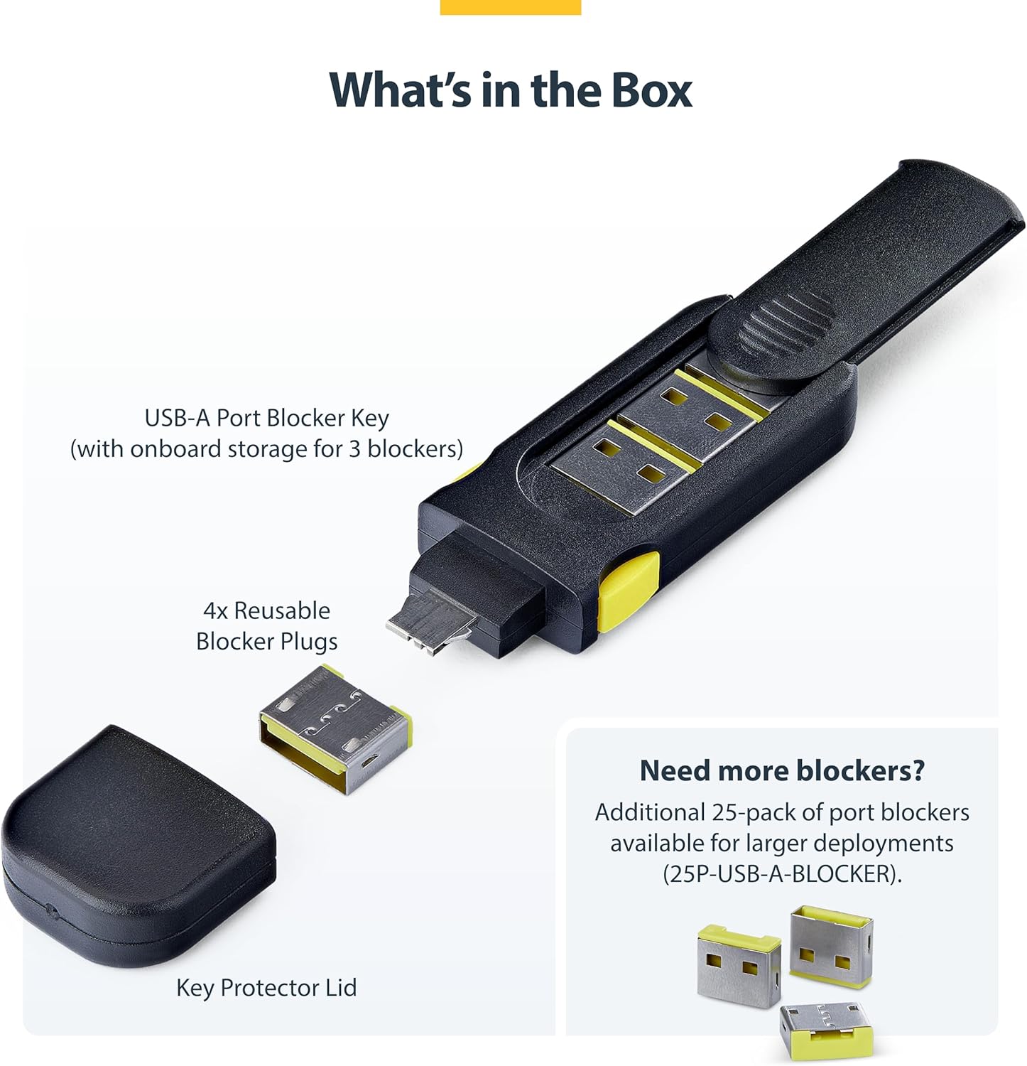 StarTech Blocco Porta USB-A con Chiave, 4 Inserti USB-A di Ricambio, Tappi Antipolvere Riutilizzabili con Chiusura a Scatto per PC e Notebook