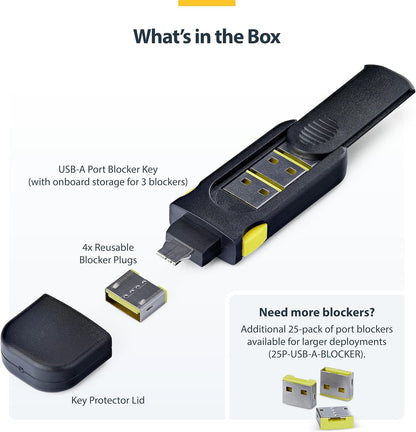 StarTech Blocco Porta USB-A con Chiave, 4 Inserti USB-A di Ricambio, Tappi Antipolvere Riutilizzabili con Chiusura a Scatto per PC e Notebook