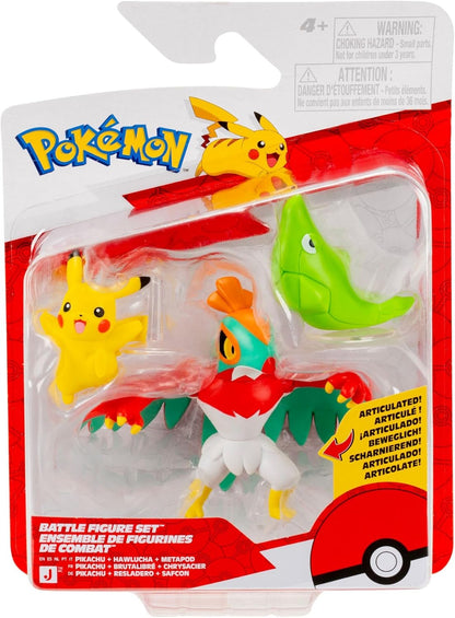 Pokémon Battle Figure 3 Pack - Features 2-Inch Metapod (with Stand) and Pikachu plus 3-Inch Hawlucha Battle Figures