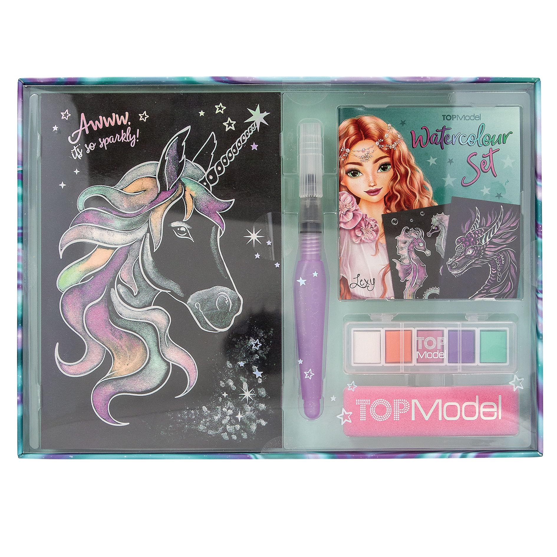 Depesche 13485 TOPModel Metallic Watercolour Set, Black Watercolour Paper with 20 Designs for Colouring, Includes Brush, Shiny Watercolours and Sponge