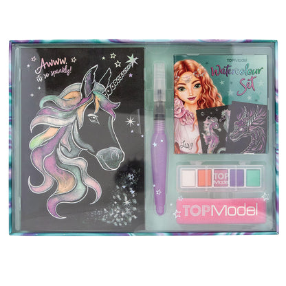 Depesche 13485 TOPModel Metallic Watercolour Set, Black Watercolour Paper with 20 Designs for Colouring, Includes Brush, Shiny Watercolours and Sponge