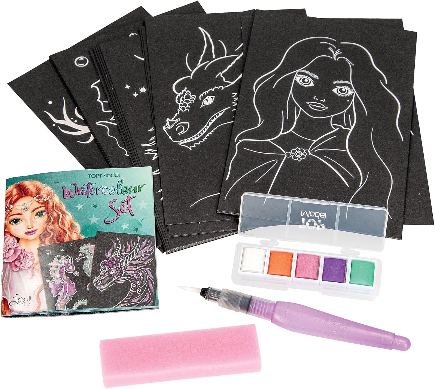 Depesche 13485 TOPModel Metallic Watercolour Set, Black Watercolour Paper with 20 Designs for Colouring, Includes Brush, Shiny Watercolours and Sponge