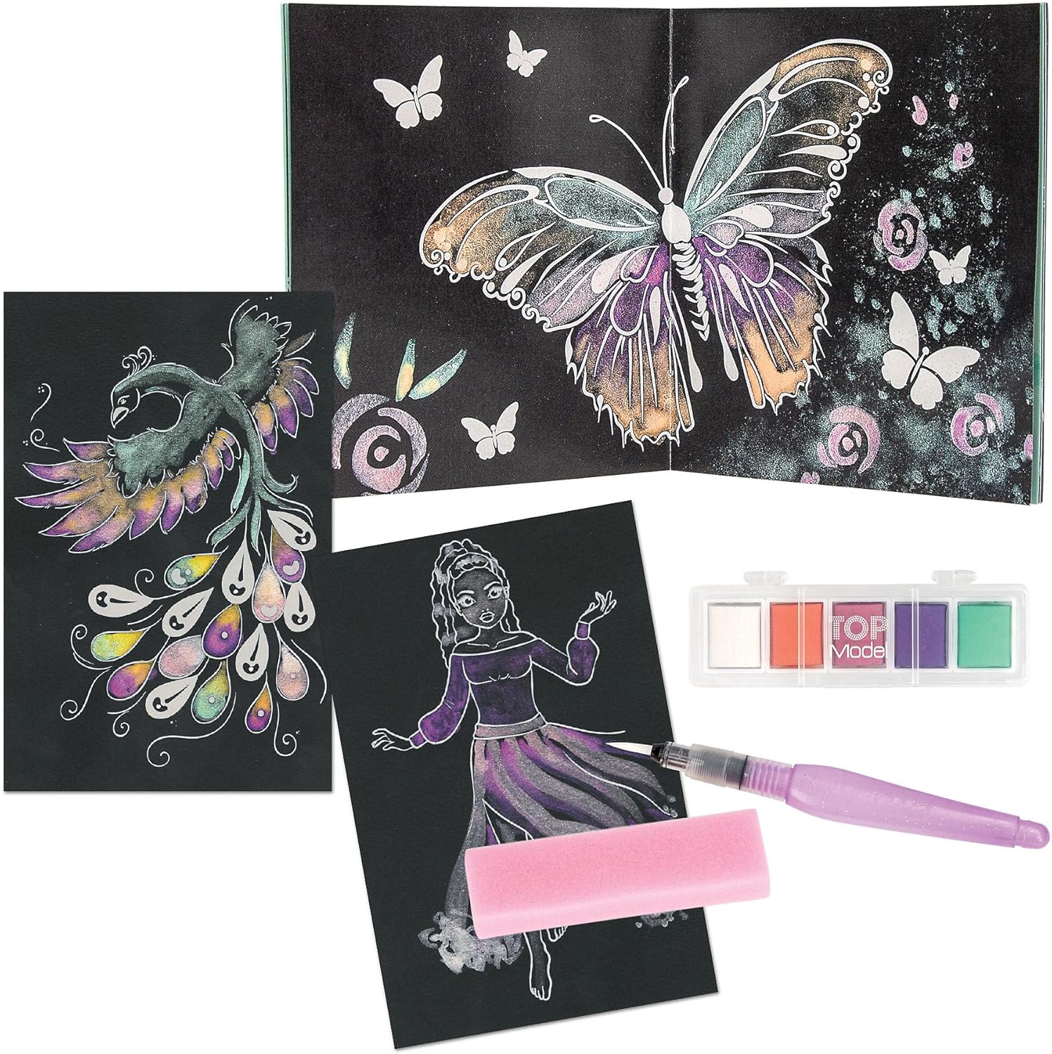Depesche 13485 TOPModel Metallic Watercolour Set, Black Watercolour Paper with 20 Designs for Colouring, Includes Brush, Shiny Watercolours and Sponge