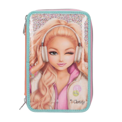 Depesche 14100 TOPModel Music Filled Pencil Case with 3 Compartments in Pink, Apricot and Turquoise, with Model Motif and Glitter, Pencil Case with Colouring Pencils, Scissors, Ruler and Much More