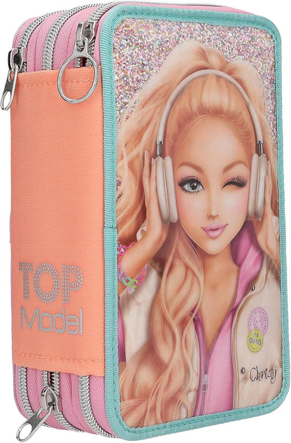 Depesche 14100 TOPModel Music Filled Pencil Case with 3 Compartments in Pink, Apricot and Turquoise, with Model Motif and Glitter, Pencil Case with Colouring Pencils, Scissors, Ruler and Much More