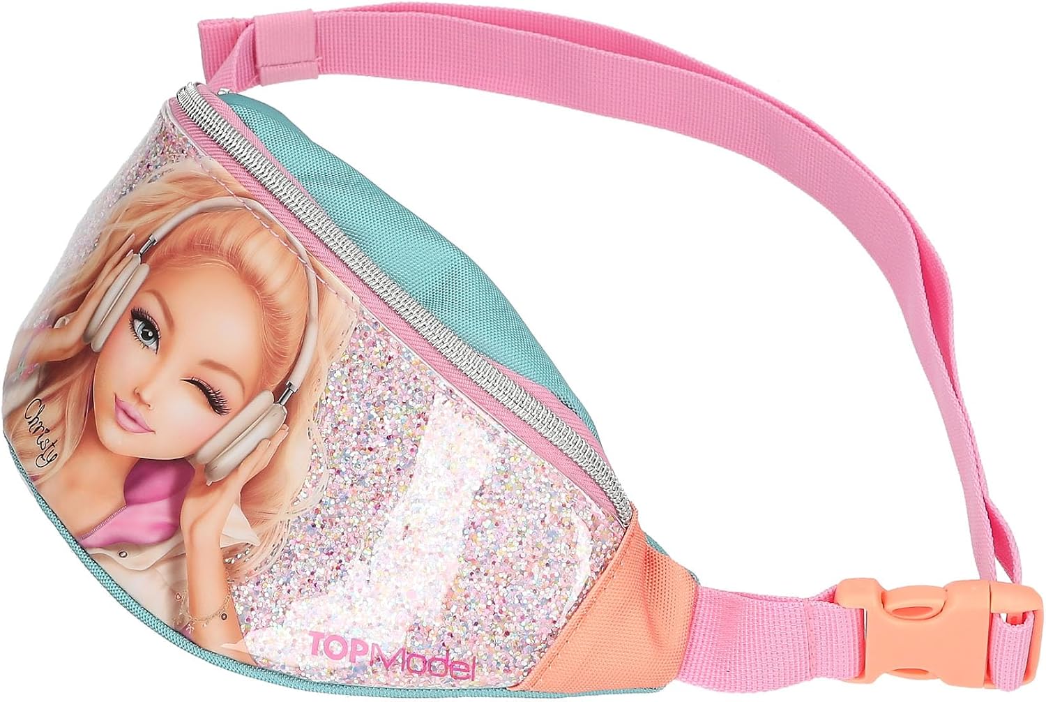 Depesche 14108 TOPModel Music Cross Bag in Pink, Apricot and Turquoise with Model Motif and Glitter, Shoulder Bag with Adjustable Shoulder Strap