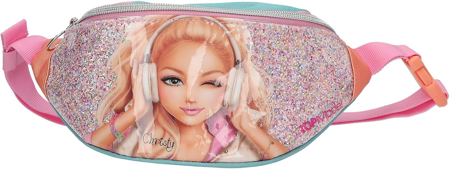 Depesche 14108 TOPModel Music Cross Bag in Pink, Apricot and Turquoise with Model Motif and Glitter, Shoulder Bag with Adjustable Shoulder Strap