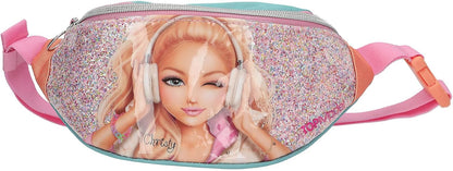 Depesche 14108 TOPModel Music Cross Bag in Pink, Apricot and Turquoise with Model Motif and Glitter, Shoulder Bag with Adjustable Shoulder Strap