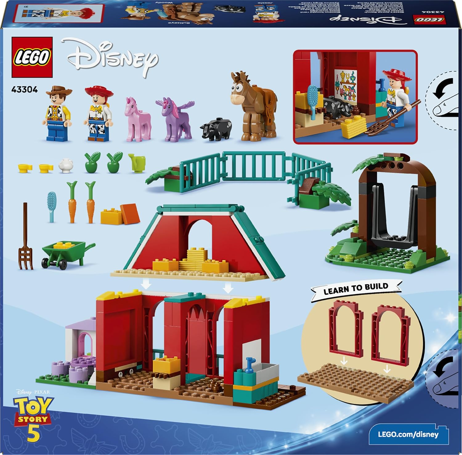 LEGO|Disney Pixar Blaze's Horse Ranch Toy - incl. Woody & Jessie Minifigures plus 2 Horses, Pegasus & Pig Animal Figures - Gift for 4+ Year Old Girls, Boys & Toy Story 5 Fans - 43304