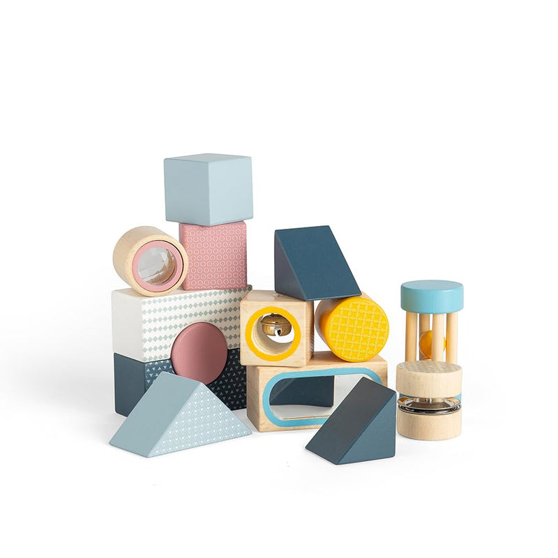 Bigjigs Toys Sensory Explorer-blokken - 14-delige houten bouwstenen met dienblad, stapelvormen voor baby's en peuters, milieuvriendelijk en duurzaam gemaakt, Montessori-cadeaus voor kinderen, vanaf 18