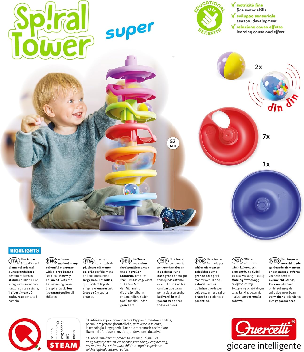 QUERCETTI Spiral Tower Super, kbaan voor kinderen met 7 spiralen en 1 stabiele basis, educatief spel voor kinderen 1+, stimuleert coördinatie en fijne motoriek, creatief speelgoed in meerkleurig