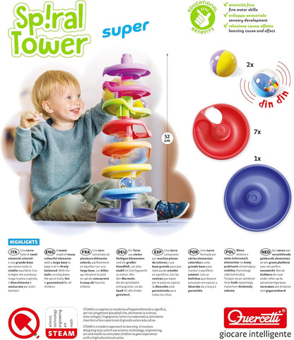 QUERCETTI Spiral Tower Super, kbaan voor kinderen met 7 spiralen en 1 stabiele basis, educatief spel voor kinderen 1+, stimuleert coördinatie en fijne motoriek, creatief speelgoed in meerkleurig