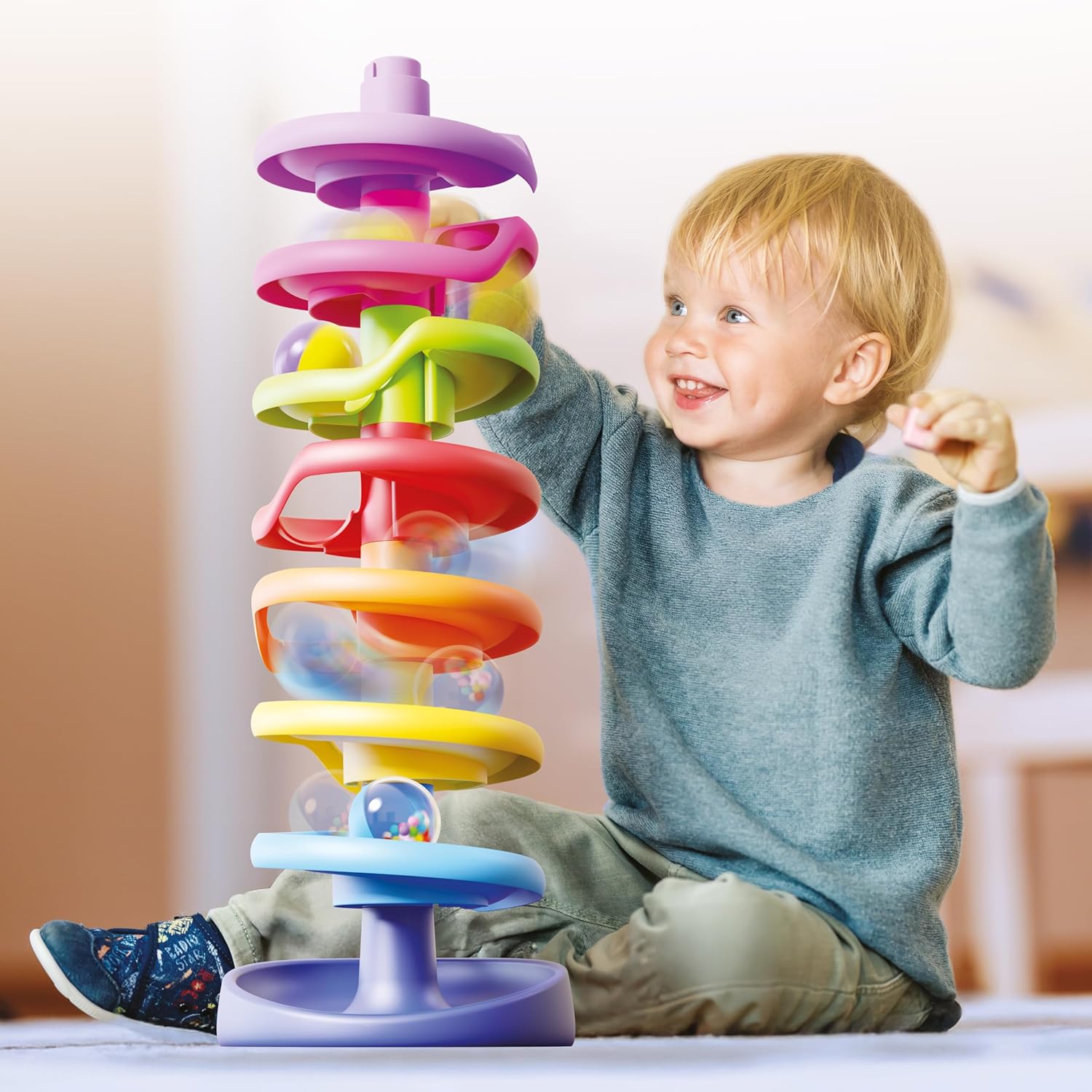 QUERCETTI Spiral Tower Super, kbaan voor kinderen met 7 spiralen en 1 stabiele basis, educatief spel voor kinderen 1+, stimuleert coördinatie en fijne motoriek, creatief speelgoed in meerkleurig