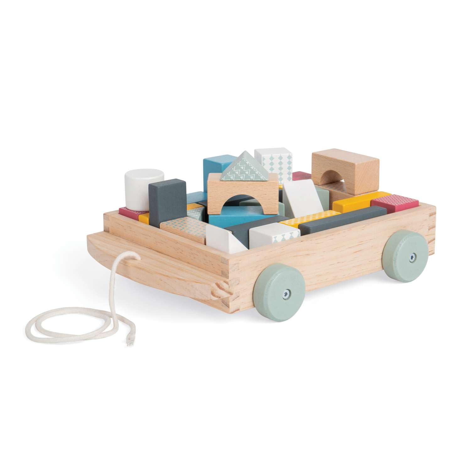 Bigjigs Toys FSC Certified Brick Pull Along Cart - Wooden Pull Along Wagon with Baby Blocks for 18 months +, Sustainable Pull Along Toy & Wooden Baby Walker, Educational Shape Game