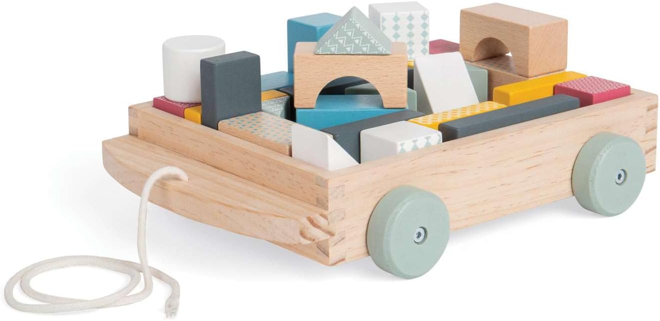 Bigjigs Toys FSC Certified Brick Pull Along Cart - Wooden Pull Along Wagon with Baby Blocks for 18 months +, Sustainable Pull Along Toy & Wooden Baby Walker, Educational Shape Game