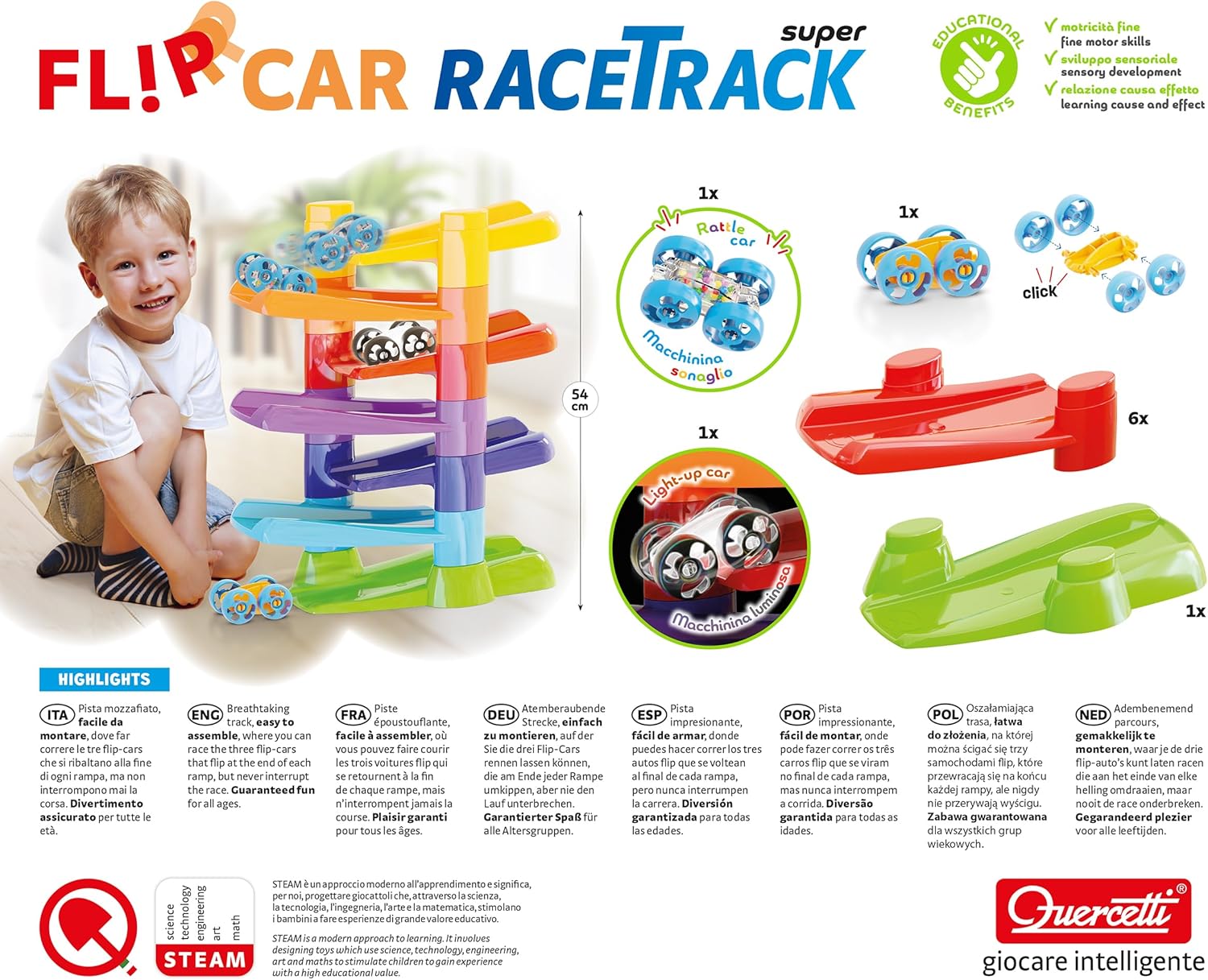 QUERCETTI - Flip Car Race Track Superbaan voor ks en auto's kinderen van 18 maanden + - Montessori-spel - creatief en educatief spel - cadeau voor jongens van 2 tot 3 jaar - speelgoed Made in