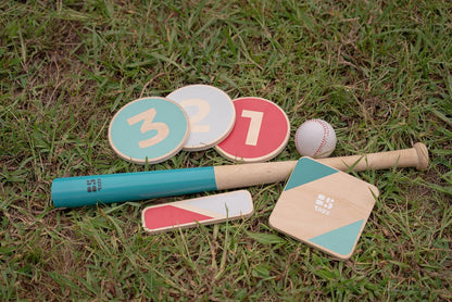BS Toys Honkbalset van hout, stok, bal en 4 basissen, buitenspel 4-18 spelers, vanaf 8 jaar