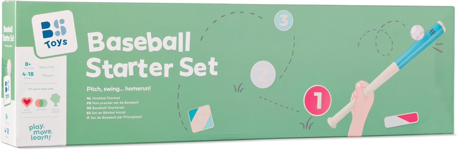BS Toys Honkbalset van hout, stok, bal en 4 basissen, buitenspel 4-18 spelers, vanaf 8 jaar