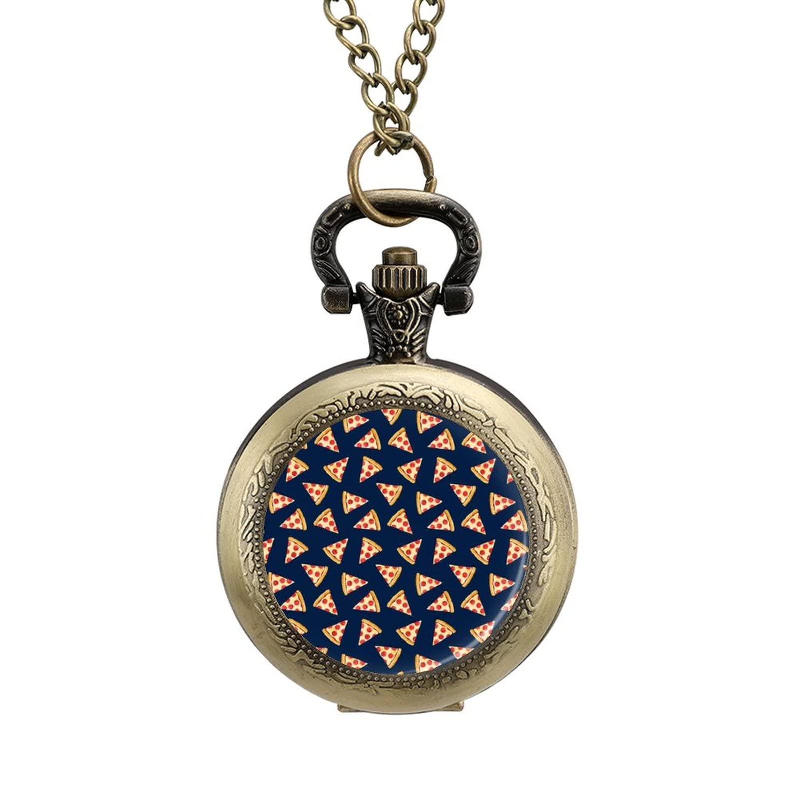 Pizza Slice Food Alloy Clock Vintage Pocket Watch Cute Hang Watches Pendent Necklace