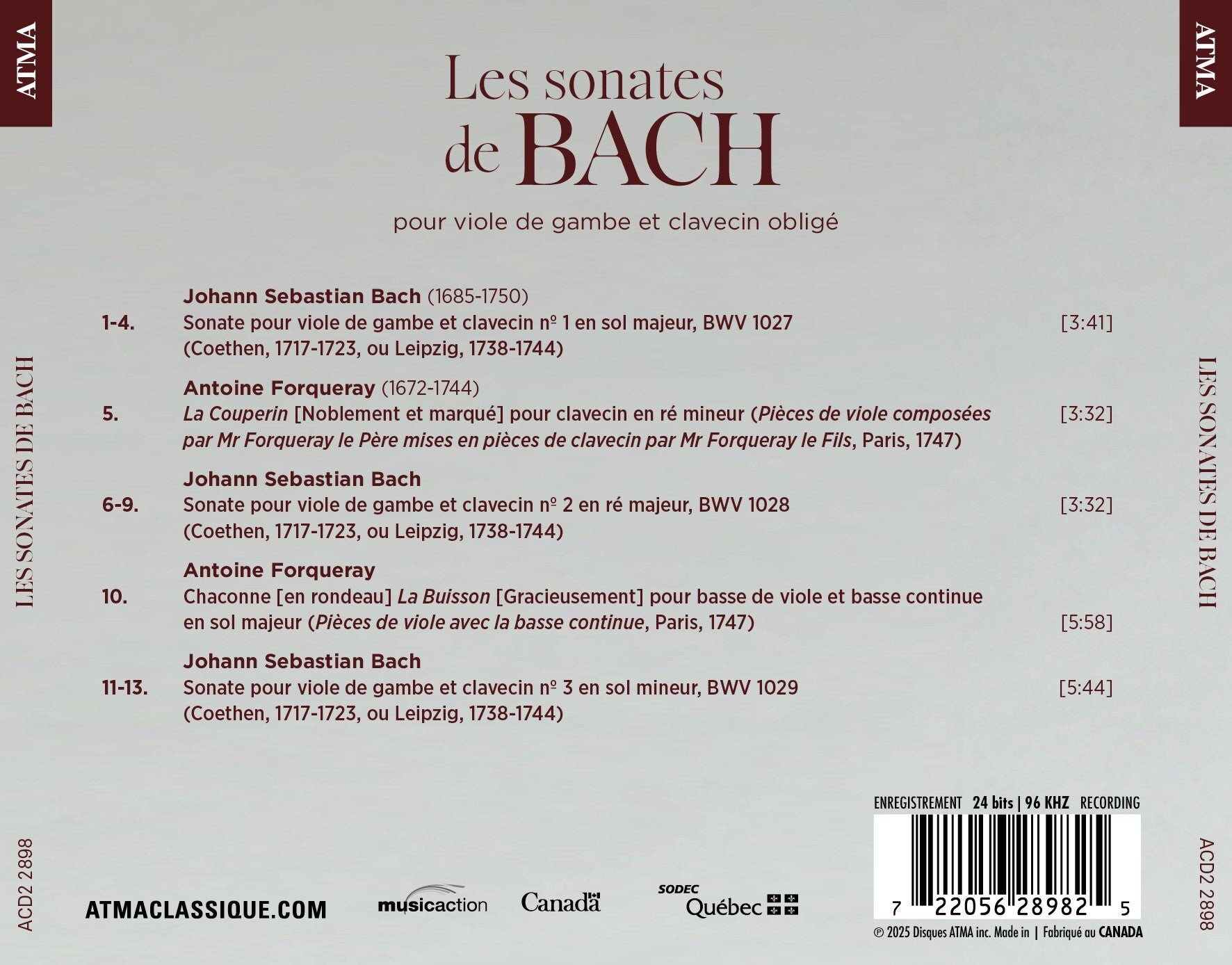 Les Sonates De Bach for Viola Da Gamba and Obbligato Harpsichord