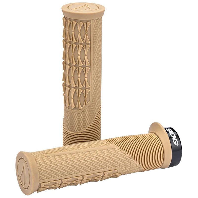 SDG Thrice OC Poignées de VTT ergonomiques en caoutchouc noir marron clair, absorption des vibrations, pince de verrouillage, position naturelle de la main, 135 mm de long
