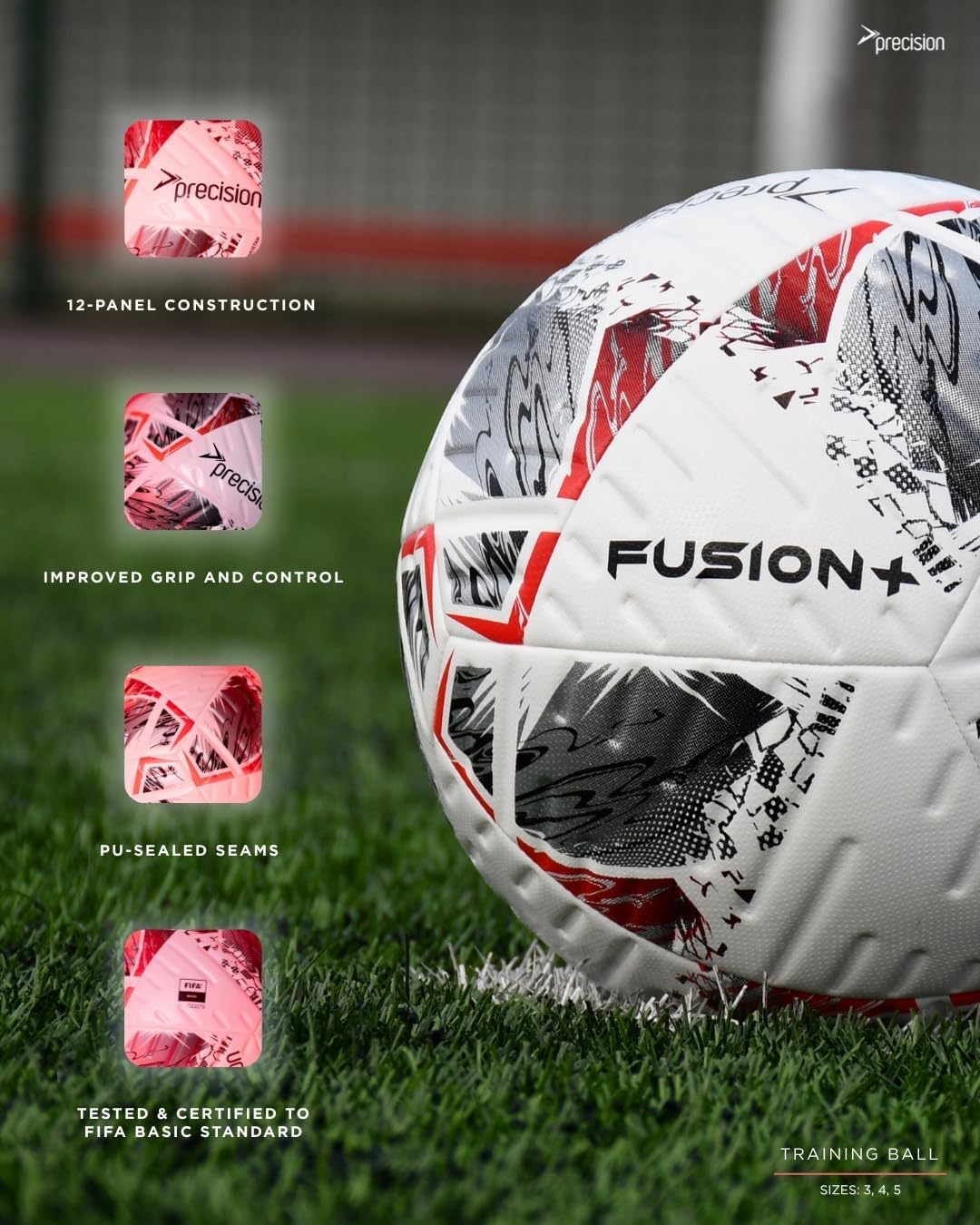Precision Fusion Plus FIFA Basic Training Football, 12 Panel Textured TPU Match Ball, PU Sealed Seams, Grass 3G Astro