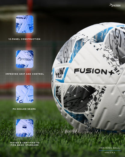 Precision Fusion Plus FIFA Basic Training Football, 12 Panel Textured TPU Match Ball, PU Sealed Seams, Grass 3G Astro