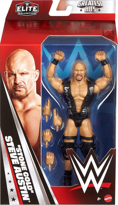 Mattel WWE Elite Actionfigur und Zubehörteile, Greatest Hits 2025, ca. 15 cm große Sammelfigur Stone Cold Steve Austin mit 25 Bewegungspunkten und austauschbaren Händen, JHT58
