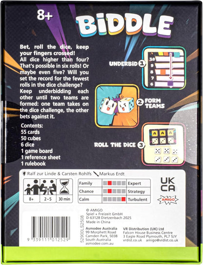 Biddle Semi-Cooperative Bluffing and Betting Card Game, for 2–5 Players, Ages 8+