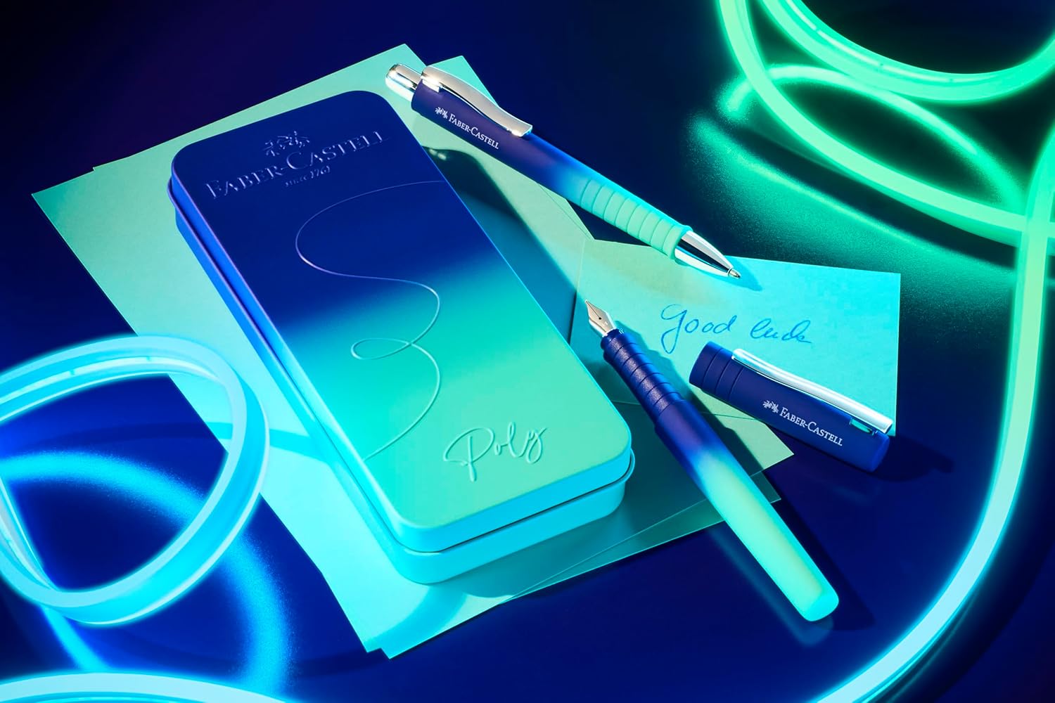 Faber-Castell 241055 - Poly Pen Writing Set with XB Ballpoint Pen and M Fountain Pen, Gift Set buzzing blue