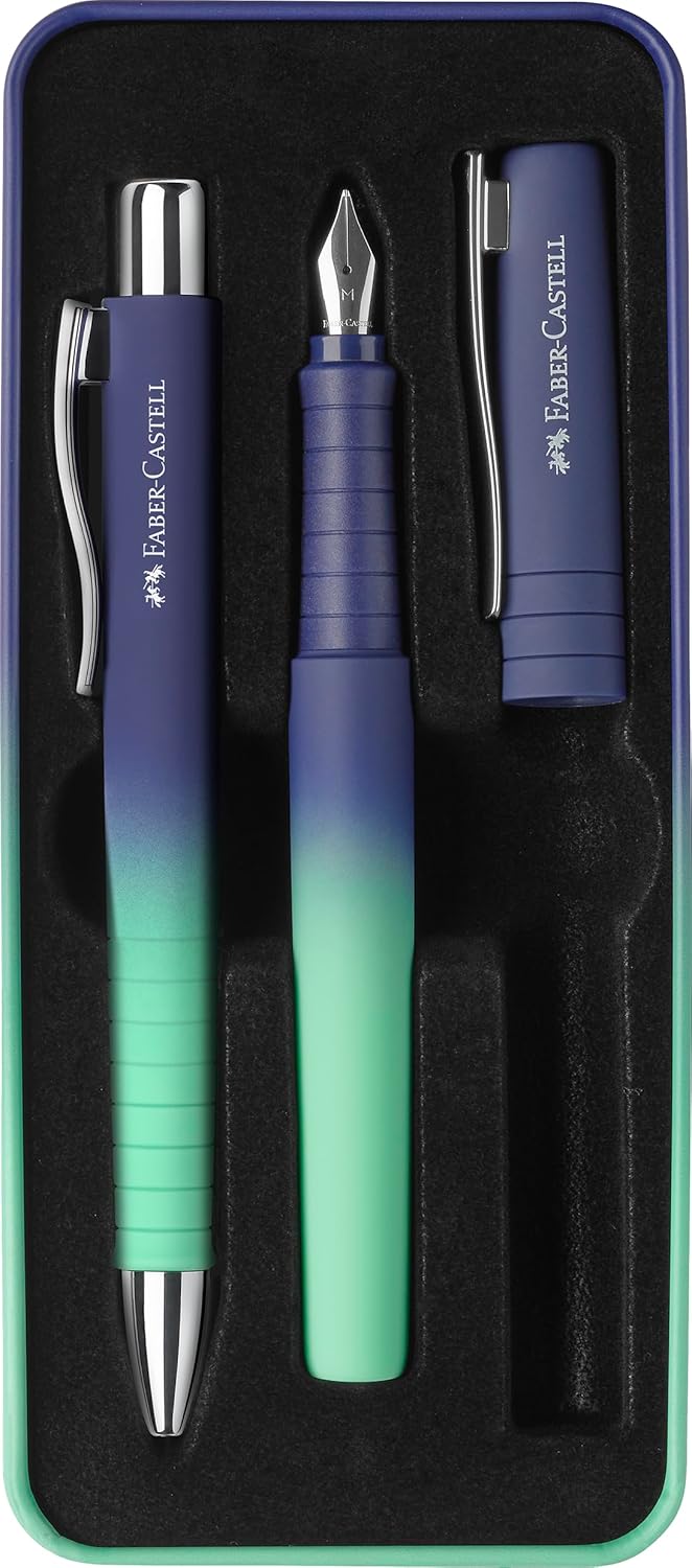 Faber-Castell 241055 - Poly Pen Writing Set with XB Ballpoint Pen and M Fountain Pen, Gift Set buzzing blue