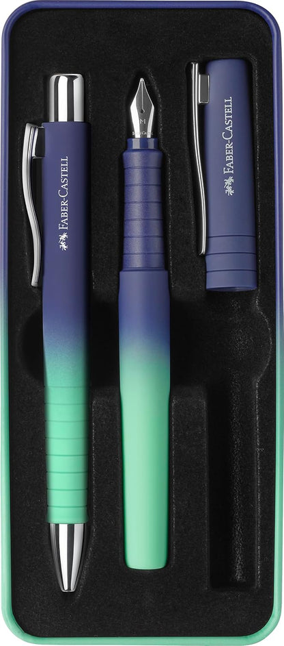 Faber-Castell 241055 - Poly Pen Writing Set with XB Ballpoint Pen and M Fountain Pen, Gift Set buzzing blue