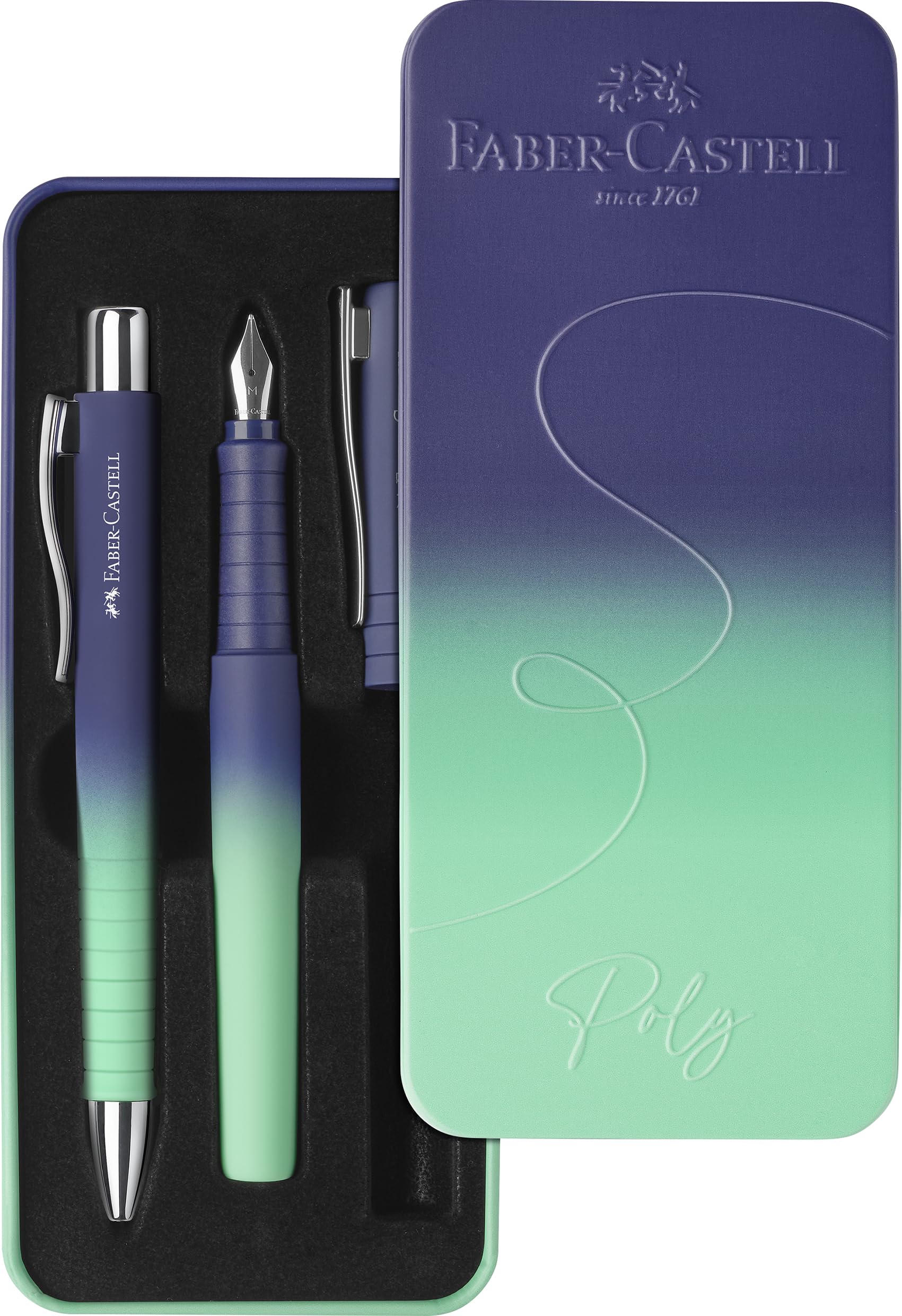 Faber-Castell 241055 - Poly Pen Writing Set with XB Ballpoint Pen and M Fountain Pen, Gift Set buzzing blue