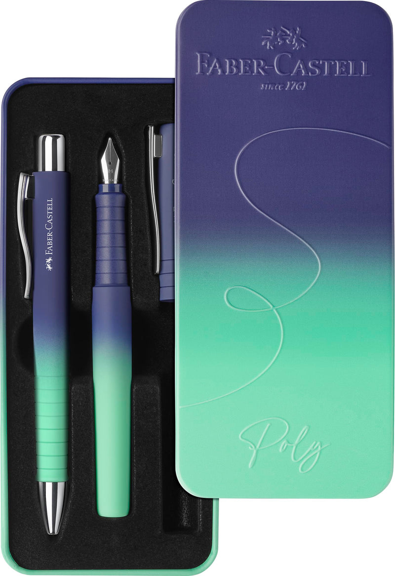 Faber-Castell 241055 - Poly Pen Writing Set with XB Ballpoint Pen and M Fountain Pen, Gift Set buzzing blue