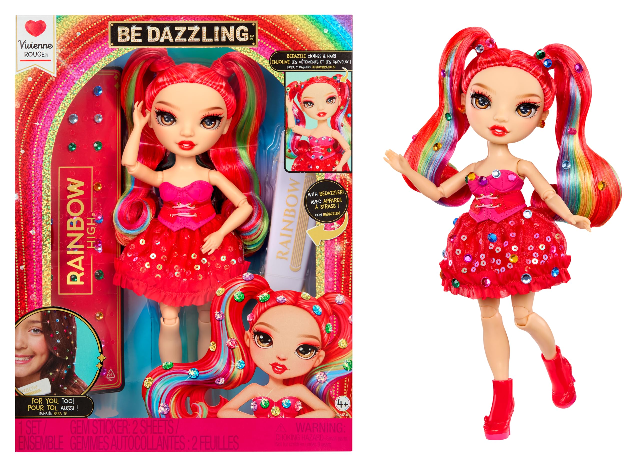 RAINBOW HIGH Be Dazzling - Vivienne Rouge - Muñeca de Moda Roja de 28 cm con Herramienta para Deslumbrar, Gemas Brillantes y Accesorios de Estilismo