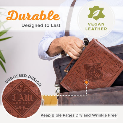Christian Art Gifts Men's Classic Bible Cover Names of God Exodus 34:6, Brown Faux Leather