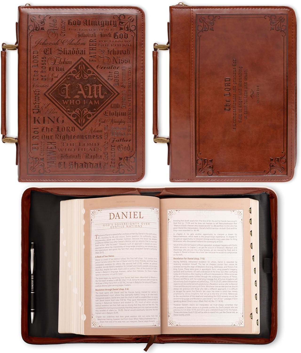 Christian Art Gifts Men's Classic Bible Cover Names of God Exodus 34:6, Brown Faux Leather