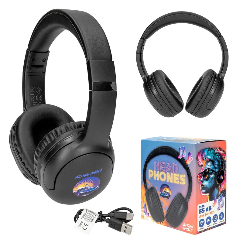 Depesche Action World 13801 Bluetooth Headphones in Black with Racing Car Motif, Wireless, for On the Go with USB-C Charging Cable, Playing Time Approx. 20 Hours