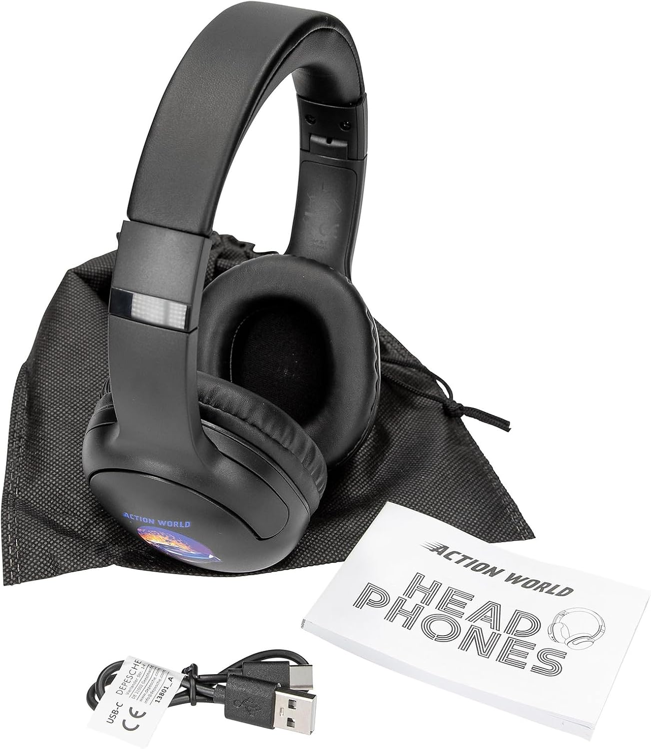 Depesche Action World 13801 Bluetooth Headphones in Black with Racing Car Motif, Wireless, for On the Go with USB-C Charging Cable, Playing Time Approx. 20 Hours