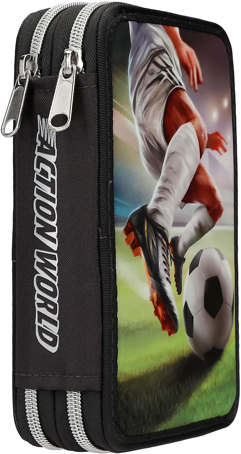 Depesche 14185 Action World Football 2 Compartment Pencil Case with Coloured Pencils, Scissors, Ruler etc.