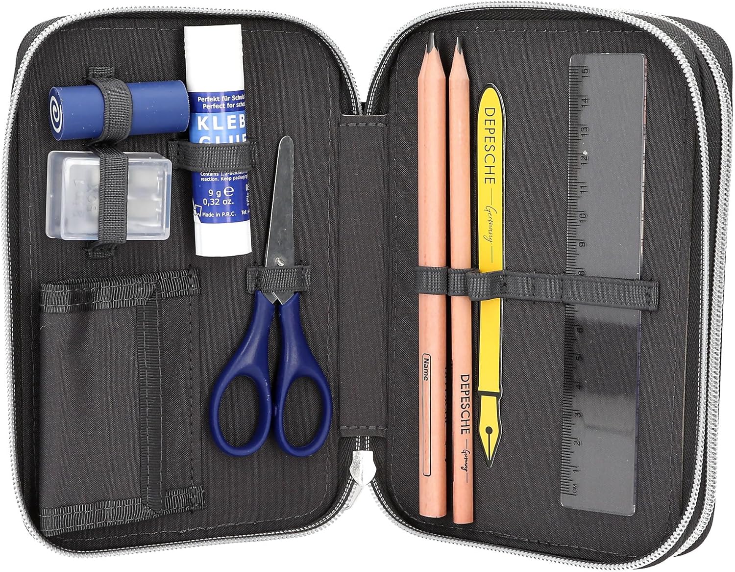 Depesche 14185 Action World Football 2 Compartment Pencil Case with Coloured Pencils, Scissors, Ruler etc.
