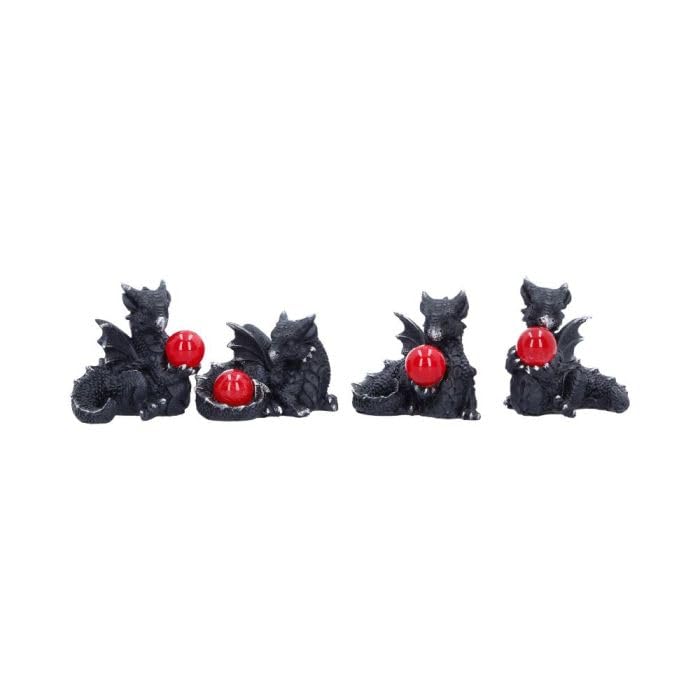 Nemesis Now Midnight Treasures Mini Dragon Figurines Set of 4, 5.5cm - Hand-Painted Black Resin Dragons with Red Orb, Fantasy Art Desk Decor, For Fans