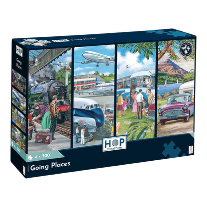The House of Puzzles | Going Places | 4x 500 Piece Jigsaw Puzzles | Transport Theme | 13 x 19 in | FSC Certified Board
