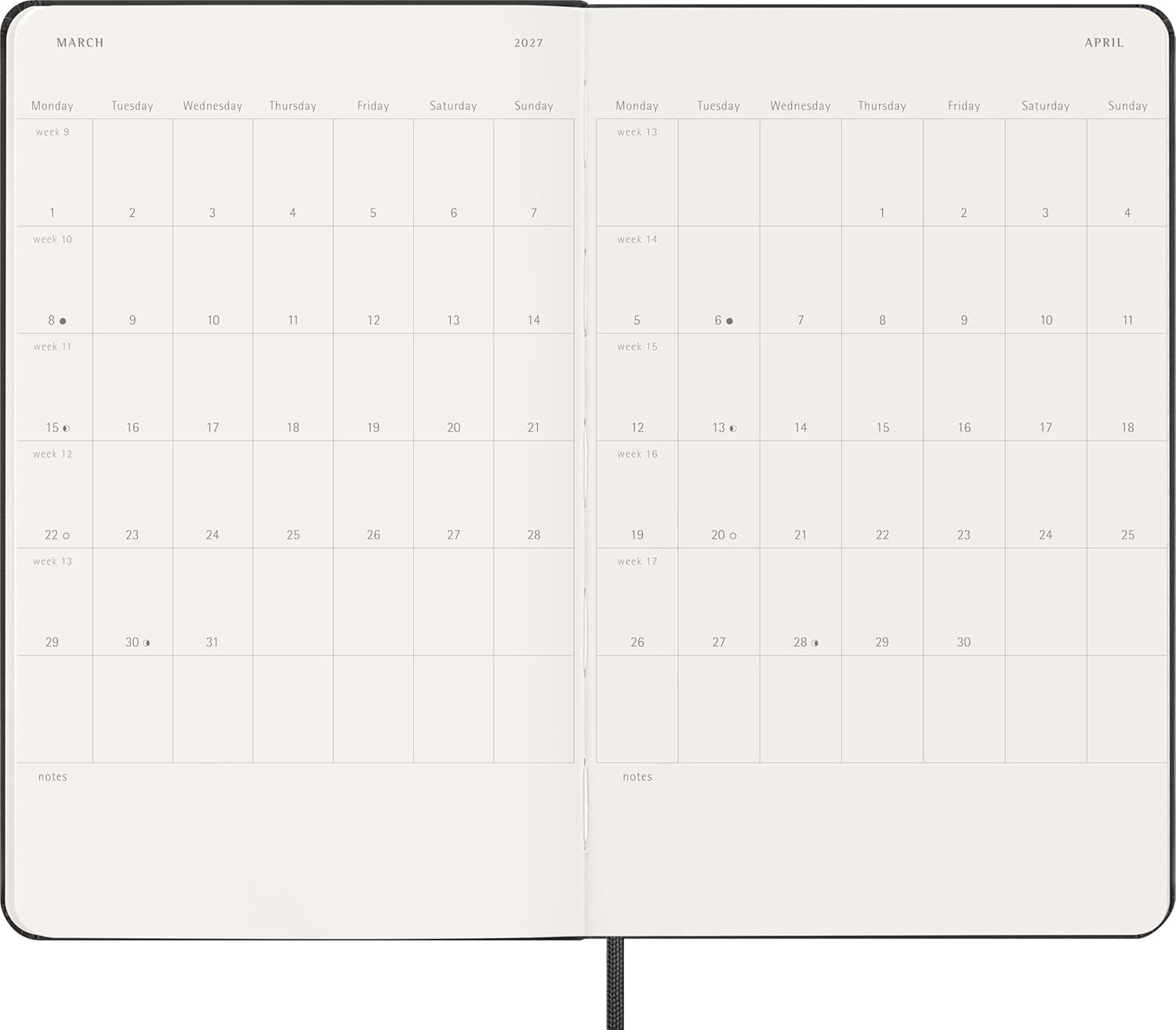 Moleskine Weekly Planner 2027, Hard Cover 12 Month Diary with Space for Notes and Elastic Closure, Large 13 X 21 Cm, Black