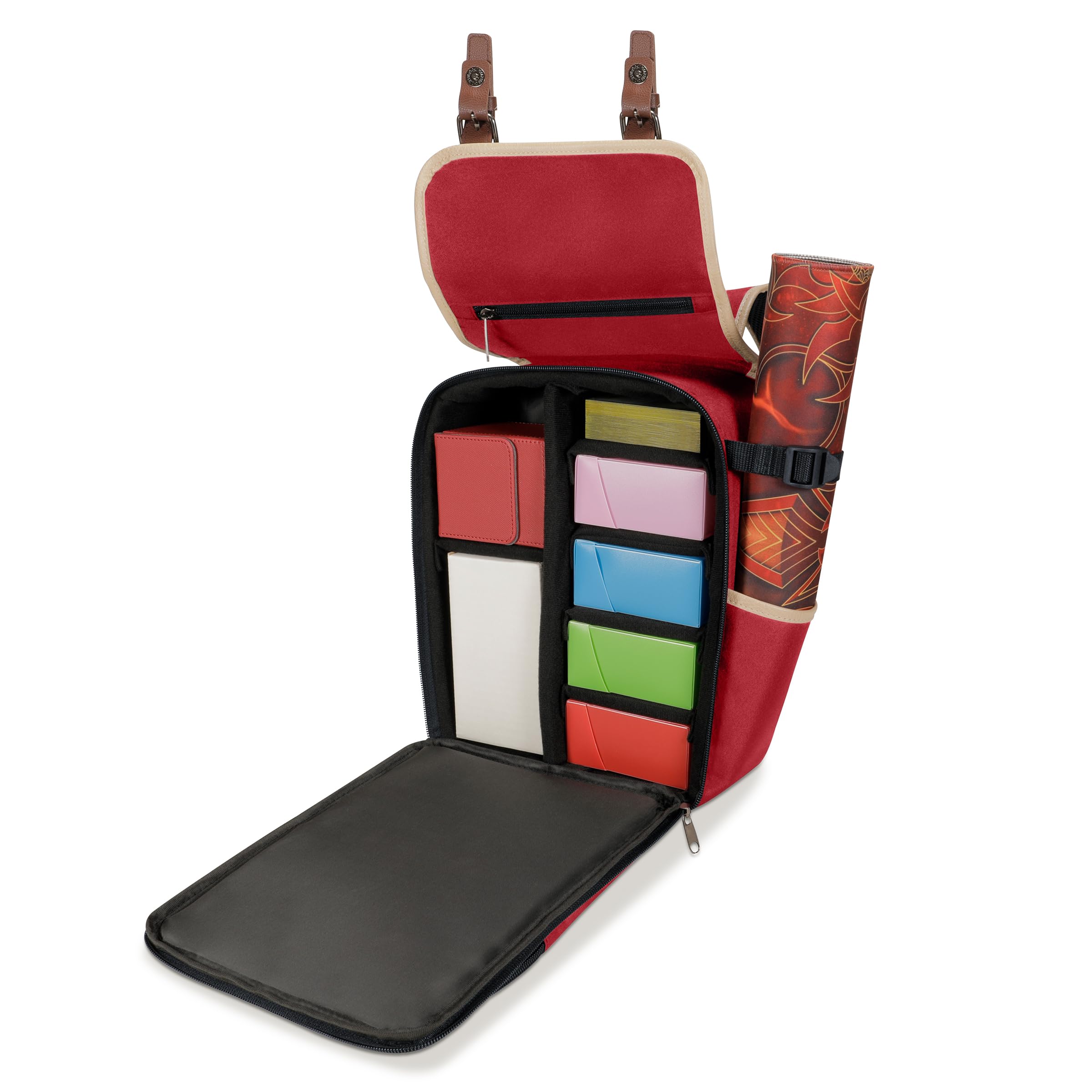ENHANCE Designer Edition Kompakter MTG-Rucksack mit anpassbarem Innenraum für Magic: The Gathering, Lorcana & mehr - Zubehörfach für Würfelbeutel, Boosterpacks, Tag Tracker, Playmat-Fach (Rot